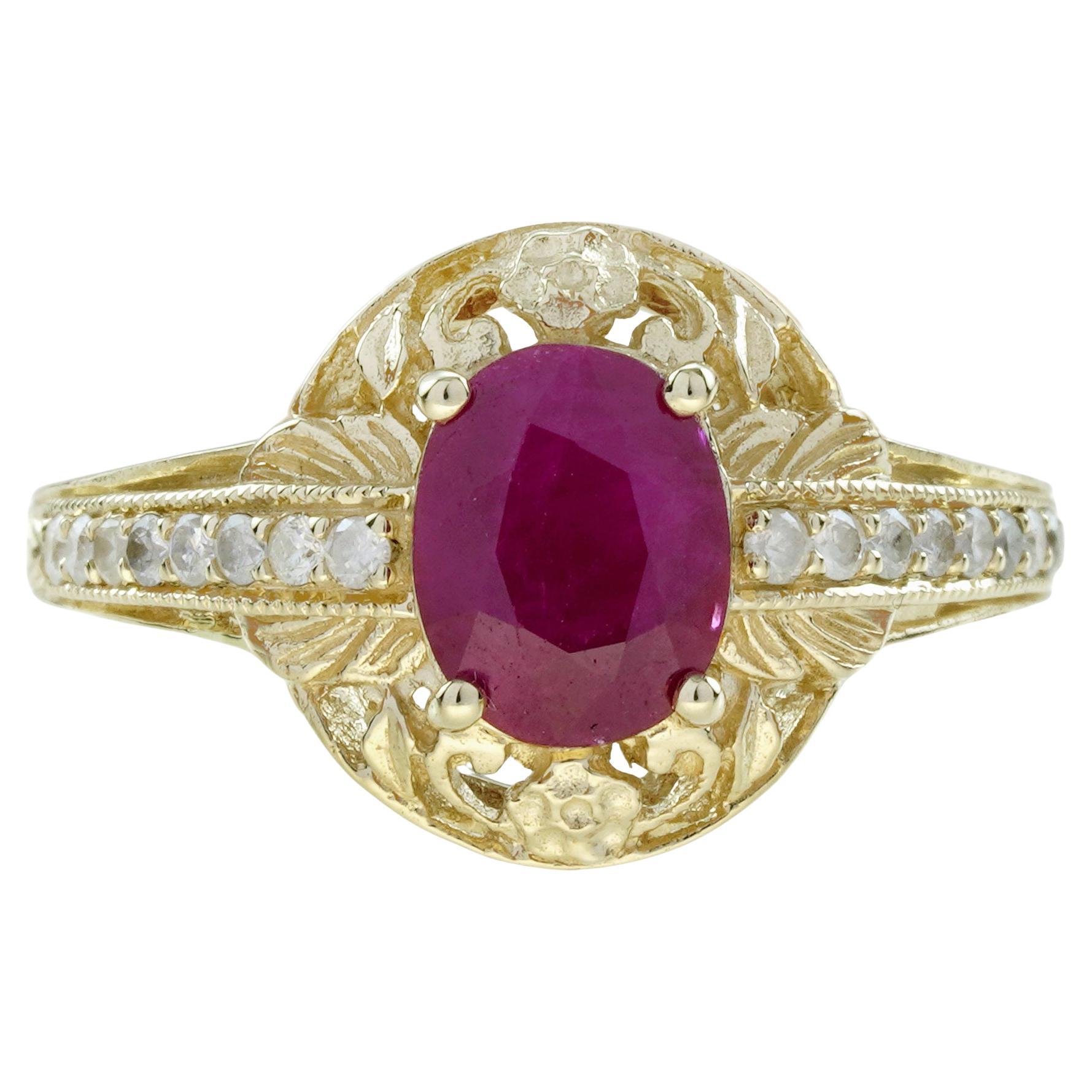 Ruby and Diamond Edwardian Style Filigree Ring in 9K Yellow Gold
