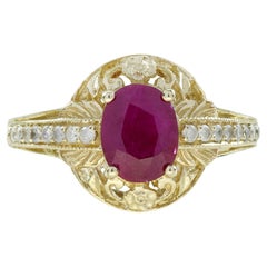 Ruby and Diamond Edwardian Style Filigree Ring in 9K Yellow Gold