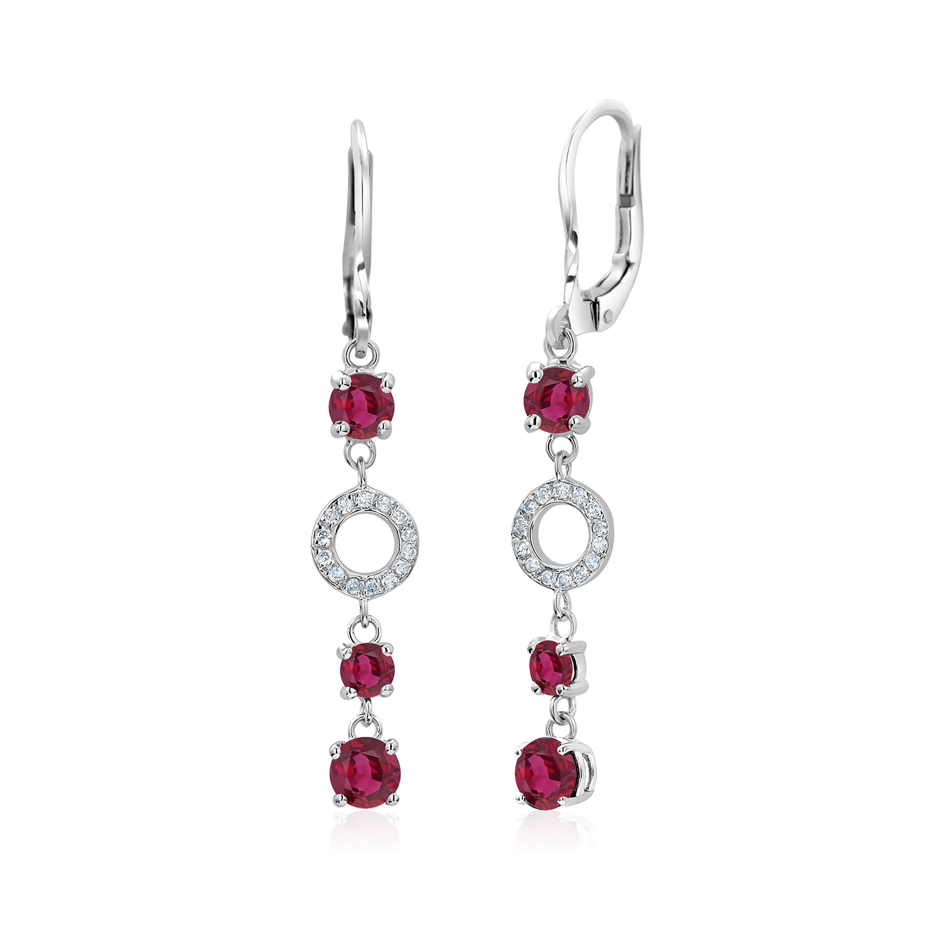 Contemporary Round Burma Ruby and Circles of Pave Diamond Lever Back Gold Hoop Earrings