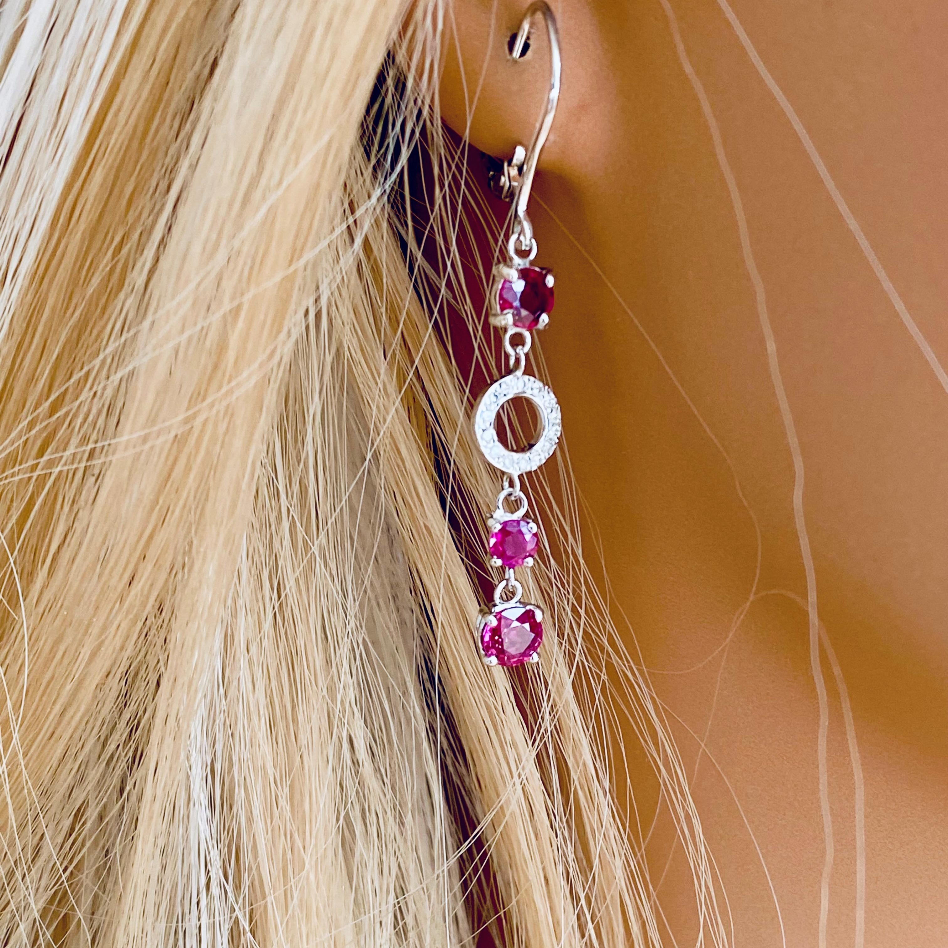 Round Cut Round Burma Ruby and Circles of Pave Diamond Lever Back Gold Hoop Earrings