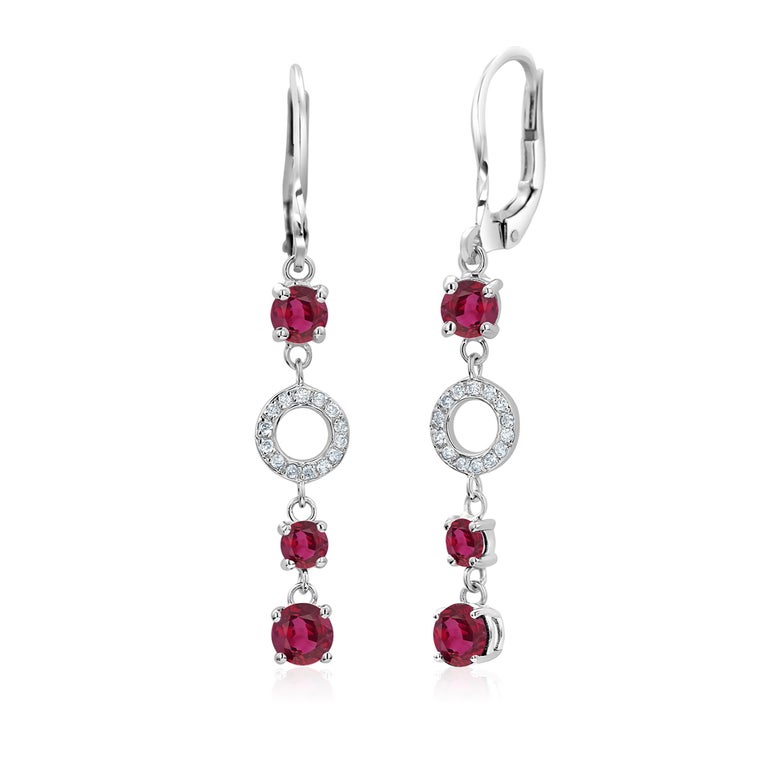 Women's or Men's Ruby and Diamond Elongated Lever Back White Gold Earrings For Sale