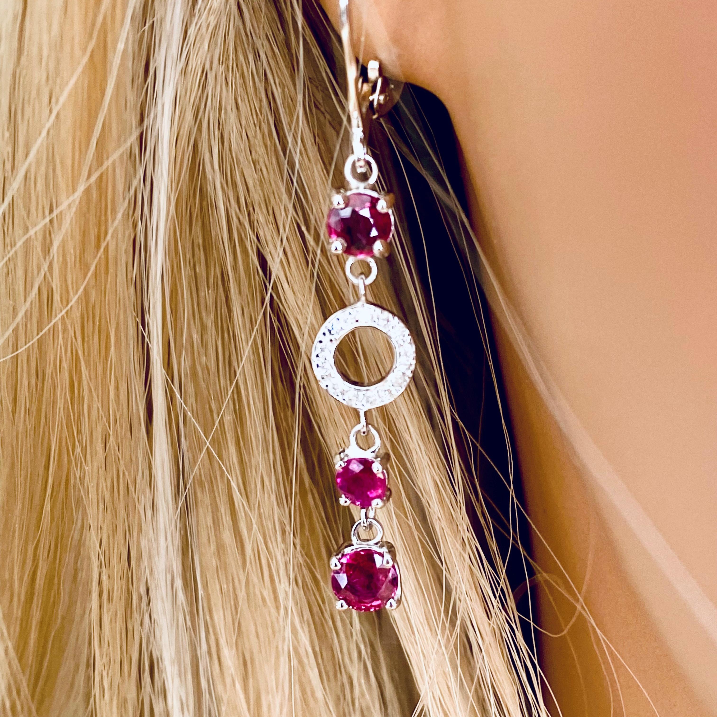 Women's or Men's Round Burma Ruby and Circles of Pave Diamond Lever Back Gold Hoop Earrings