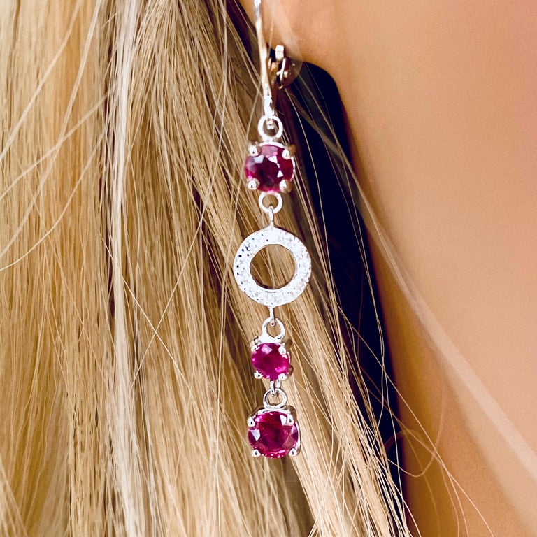 Ruby and Diamond Elongated Lever Back White Gold Earrings For Sale 1