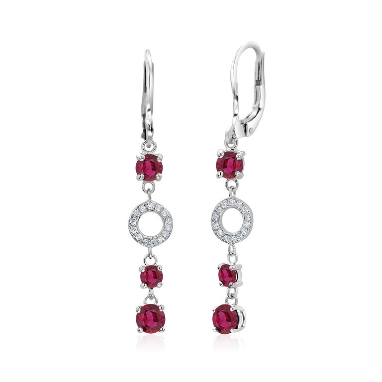 Ruby and Diamond Elongated Lever Back White Gold Earrings For Sale 2