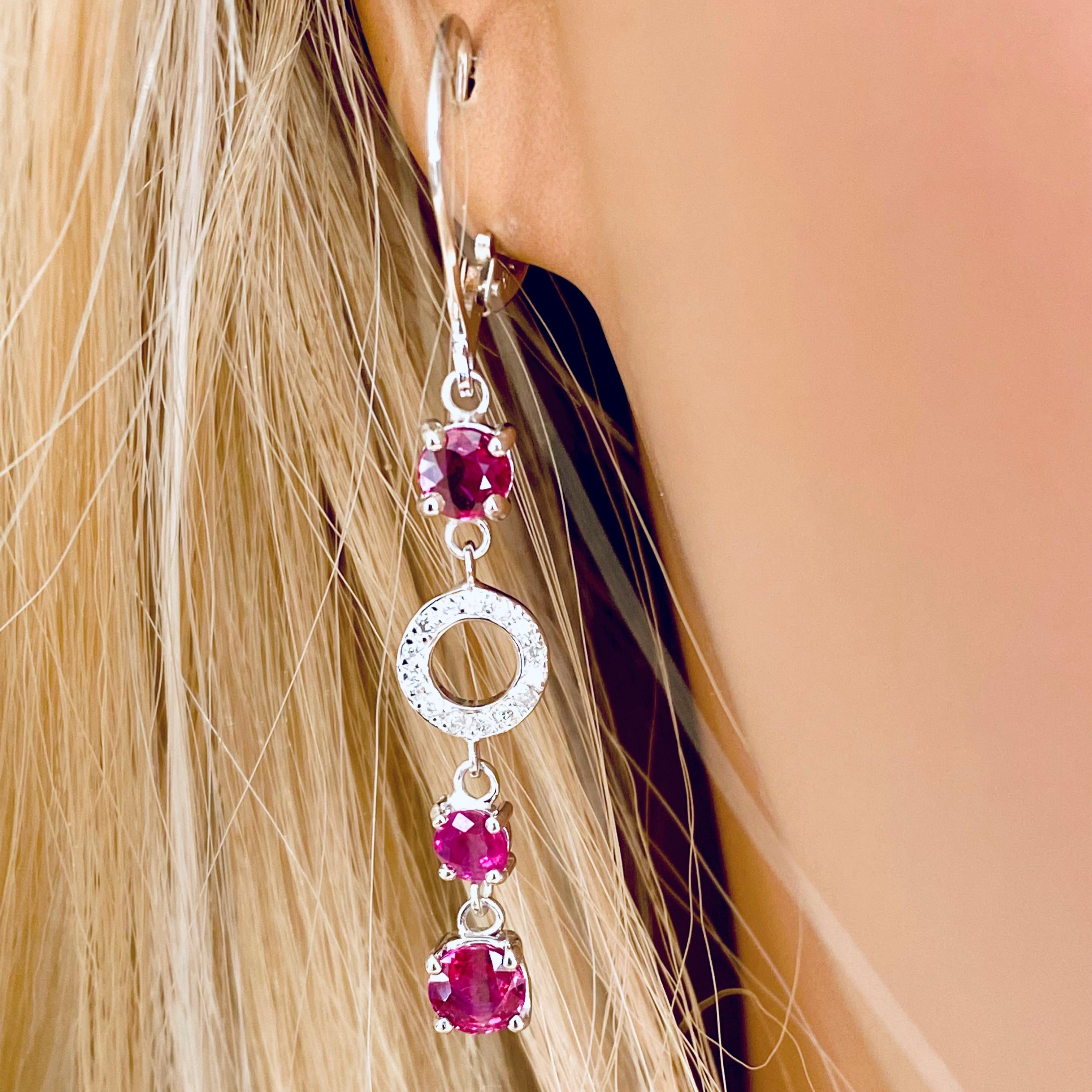 Round Burma Ruby and Circles of Pave Diamond Lever Back Gold Hoop Earrings 3