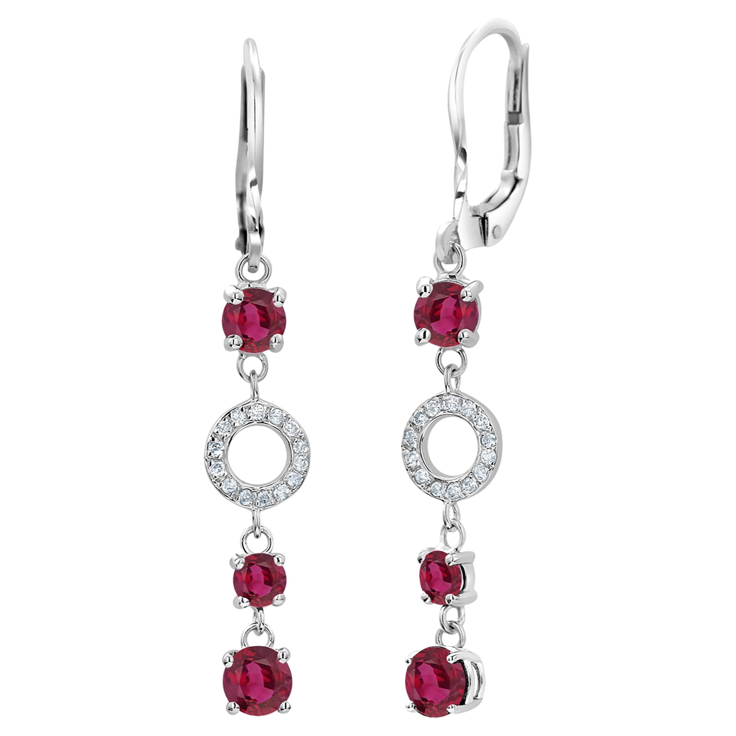 Ruby and Diamond Elongated Lever Back White Gold Earrings