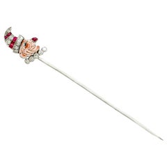 Antique Ruby and Diamond, Enamel and White Gold Mr Punch Pin Brooch