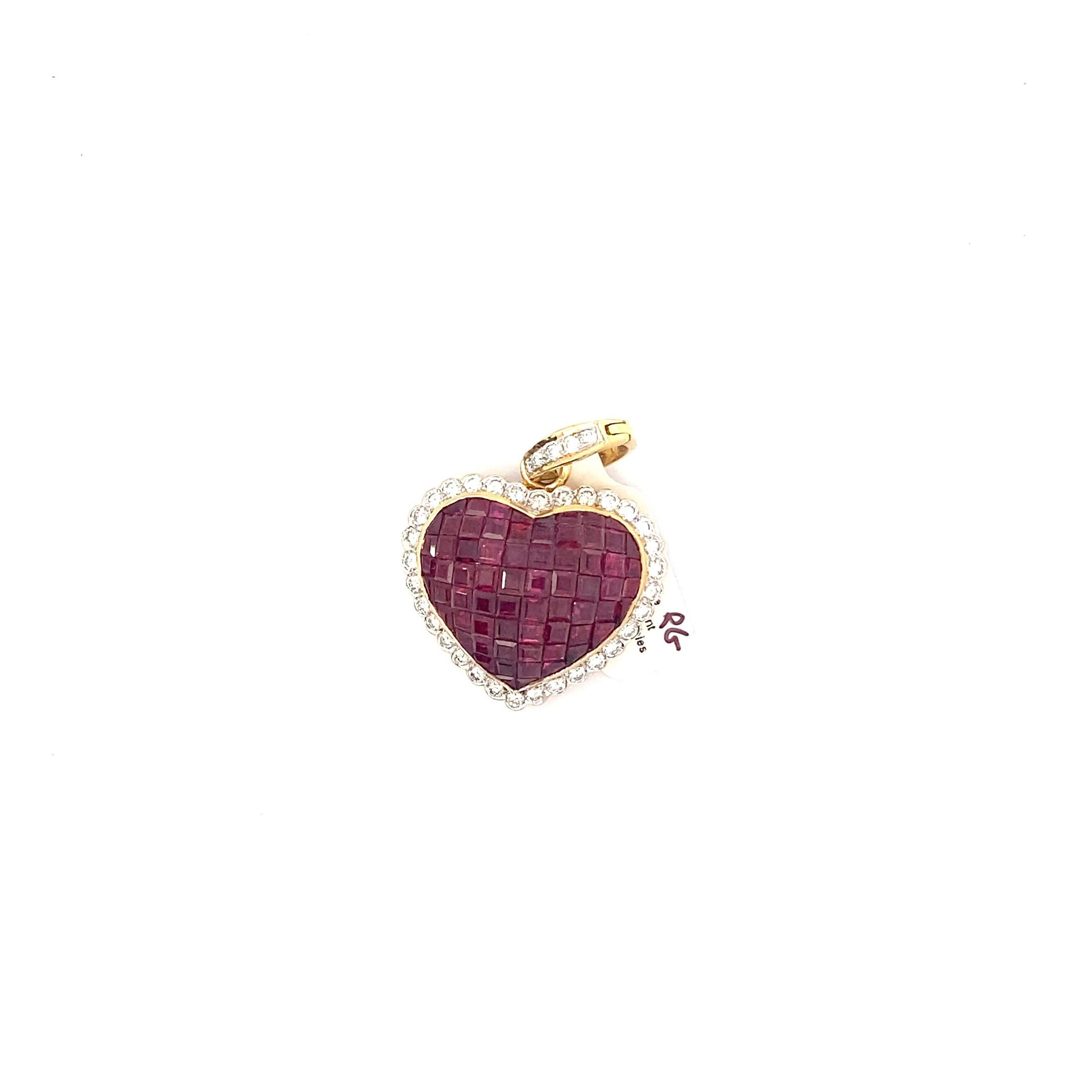 Brilliant Cut Ruby and Diamond Encrusted Vintage Heart Pendant with Diamond Bail For Sale