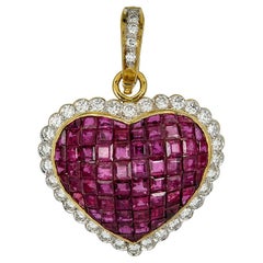 Pendentif cœur vintage incrusté de rubis et de diamants avec clou en diamants