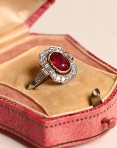 1.50 Carat Ruby Engagement Ring. Oval Ruby Old Mine Diamond Halo Ring Platinum
