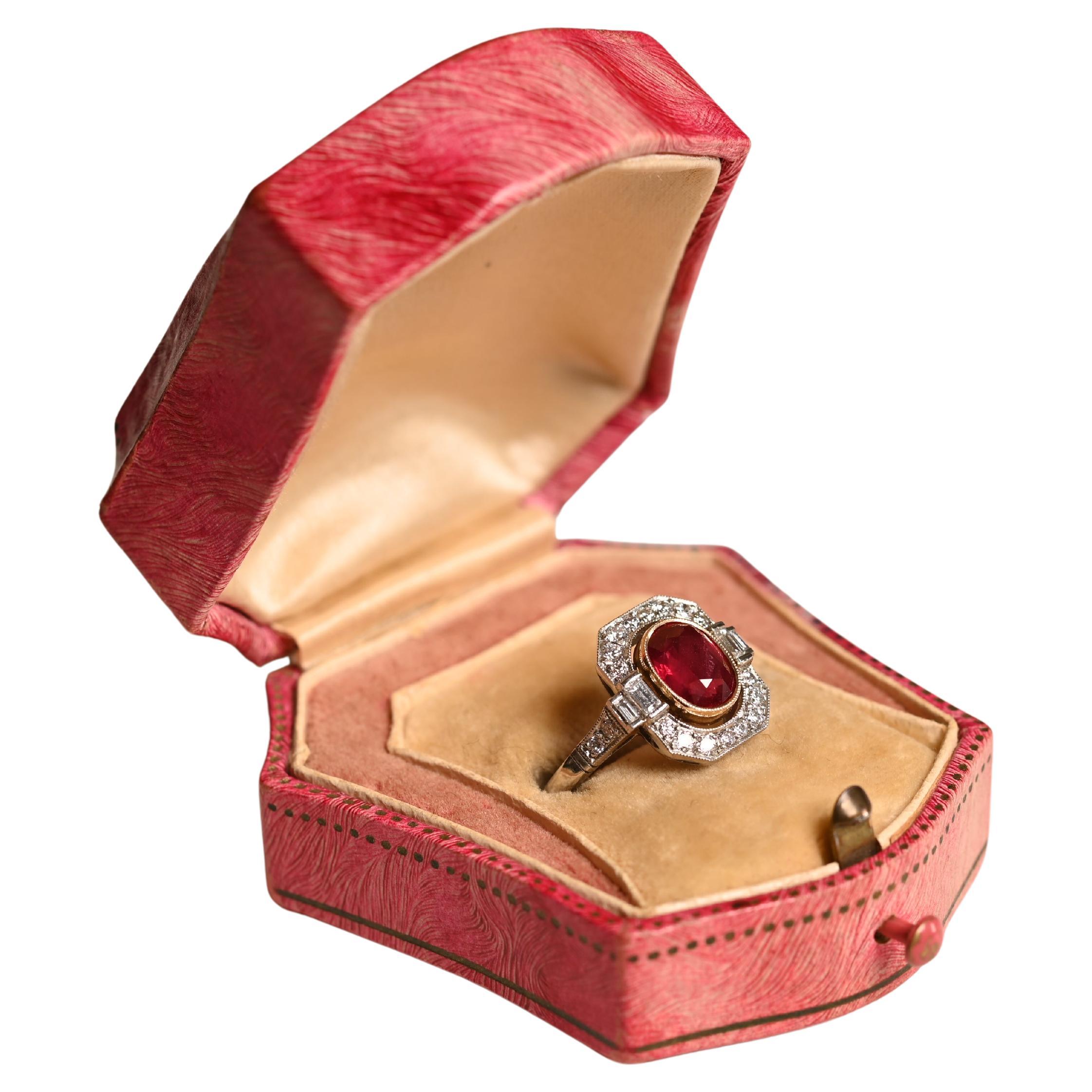 1.50 Carat Ruby Engagement Ring. Oval Ruby Old Mine Diamond Halo Ring Platinum