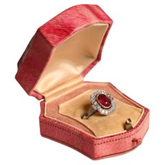 1.50 Carat Ruby Engagement Ring. Oval Ruby Old Mine Diamond Halo Ring Platinum