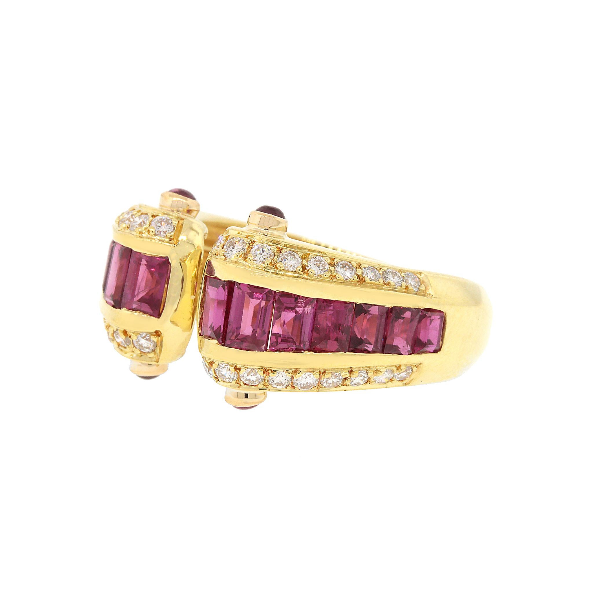 Rubies and diamonds are a match made in heaven and you can see the natural beauty of the combination perfectly in this stunning ring.  

18 kt Yellow Gold
Ruby: 1.50 tcw
Diamond: 0.30 ct twd
Ring Size: 6.5
Total Weight: 7.2 grams