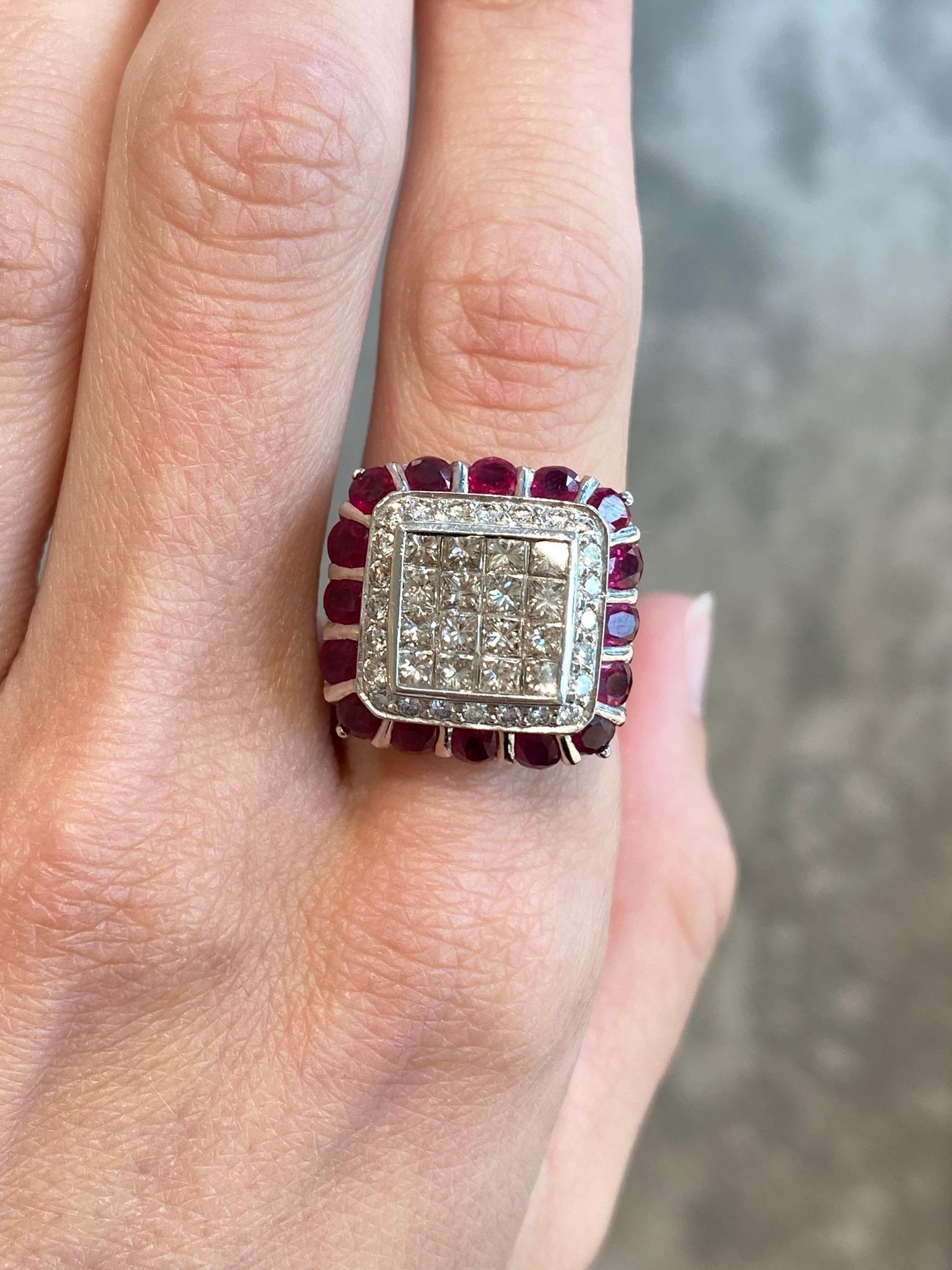 Art Deco Ruby and Diamond Estate Ring in 18KT White Gold For Sale