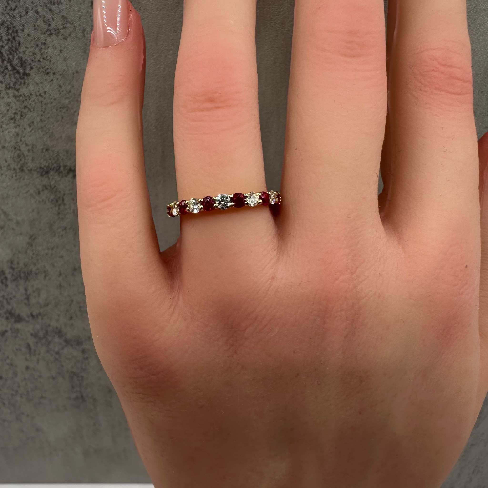 Ruby and Diamond Eternity Ring in 18kt Yellow Gold - 0.84ctw Diamonds, Size 6 In New Condition In West Hempstead, NY