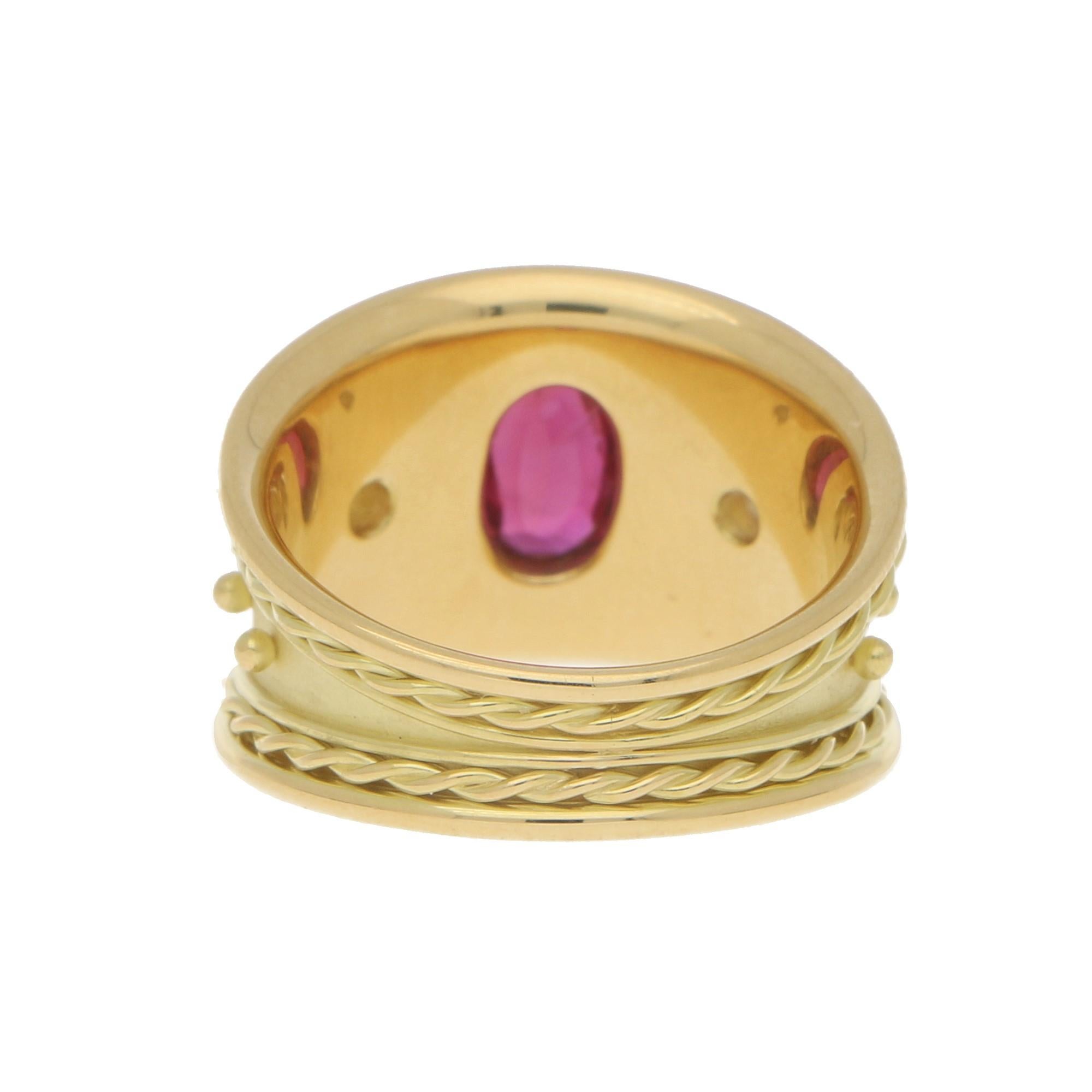 Etruscan Revival Ruby and Diamond Etruscan Cocktail Dress Ring Set in 18 Karat Yellow Gold For Sale
