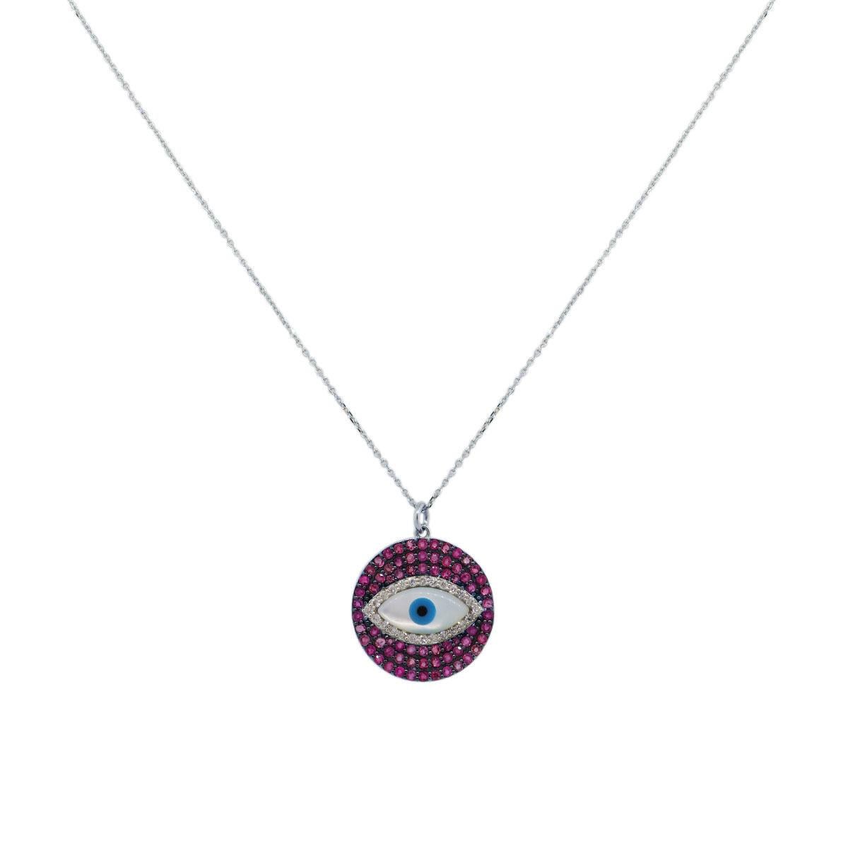 Material: 14k white gold
Diamond Details: Approximately 0.31ctw of round brilliant diamonds. Diamonds are G/H in color and VS in clarity
Gemstone Details: Approximately 1.64ctw of round shape rubies
Measurements: Necklace measures 17.25″ in
