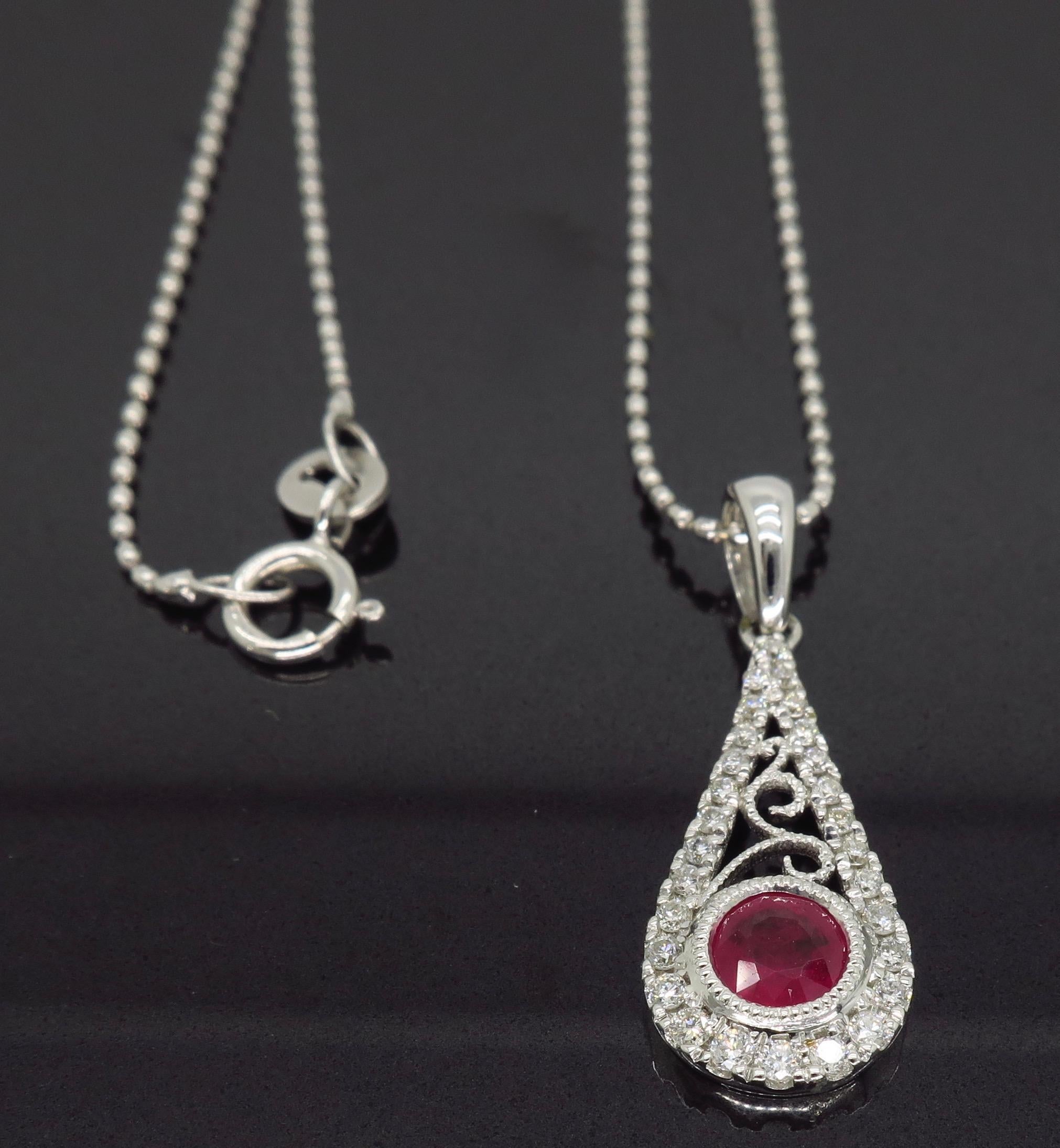 Women's or Men's Ruby and Diamond Filigree Pendant Necklace