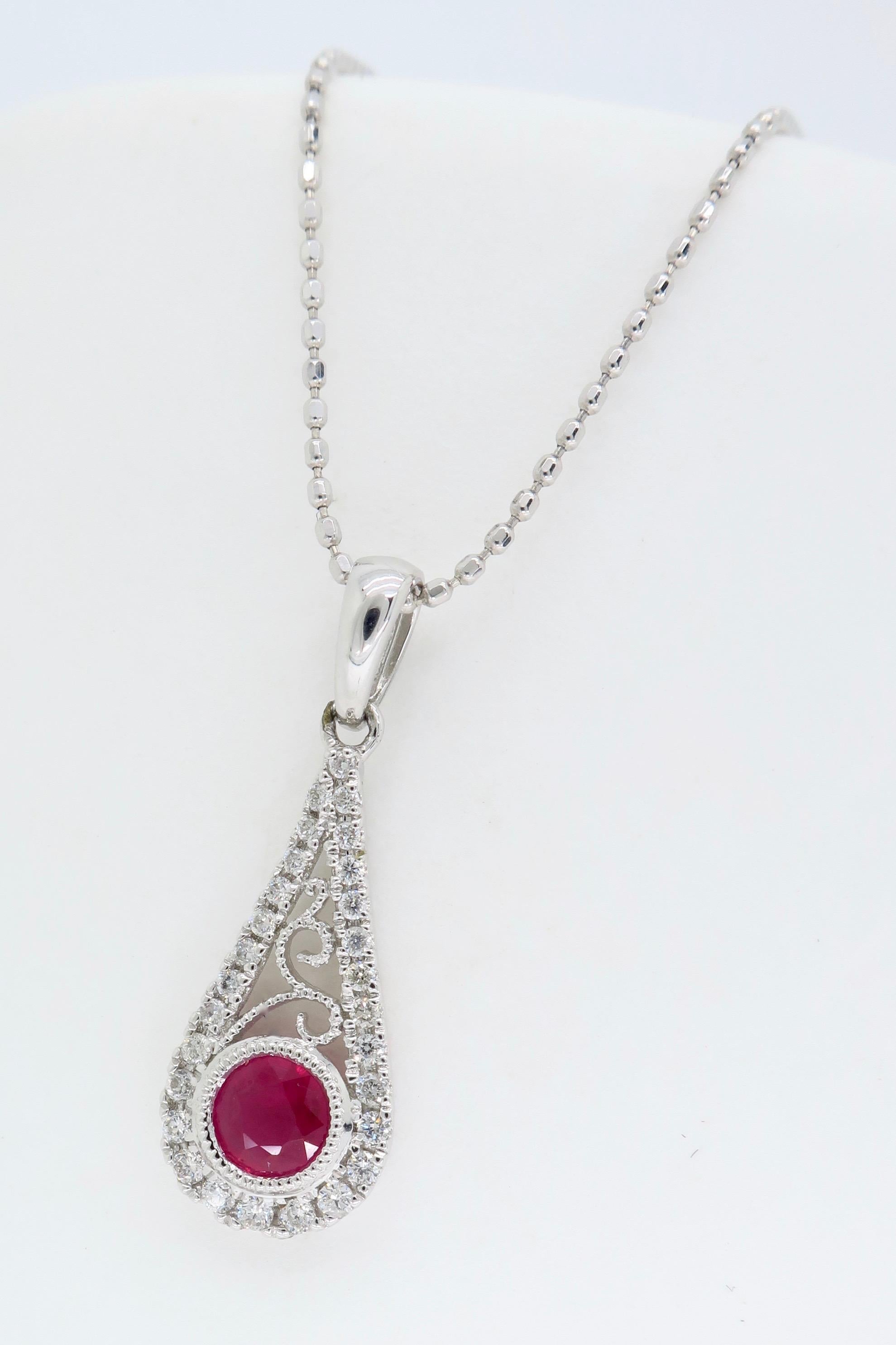 Ruby and Diamond Filigree Pendant Necklace 4