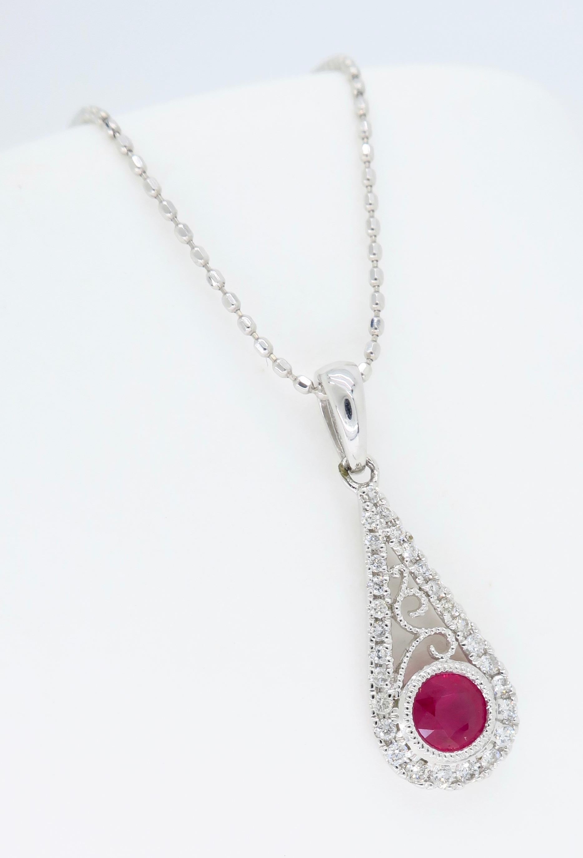 Ruby and Diamond Filigree Pendant Necklace 5
