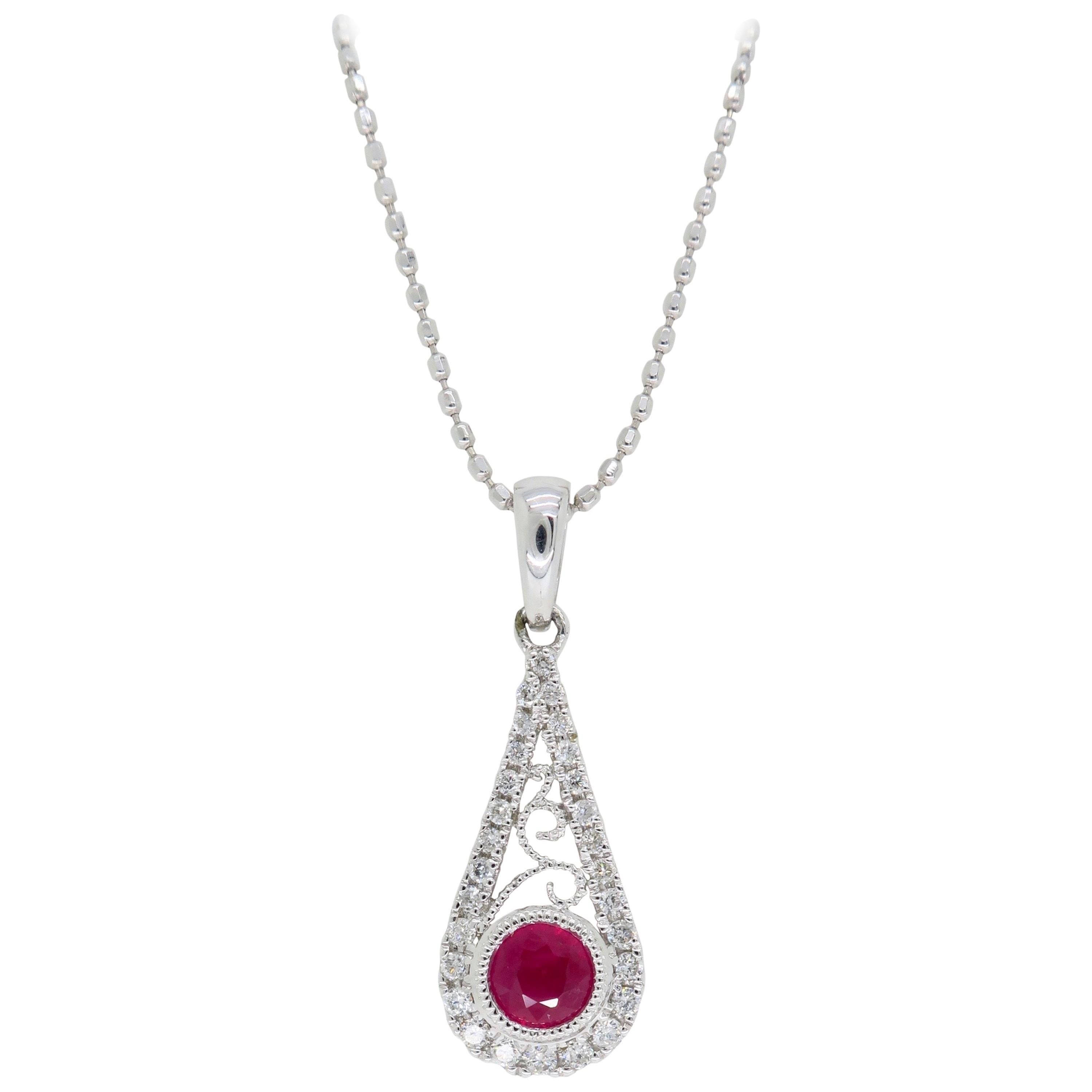 Ruby and Diamond Filigree Pendant Necklace