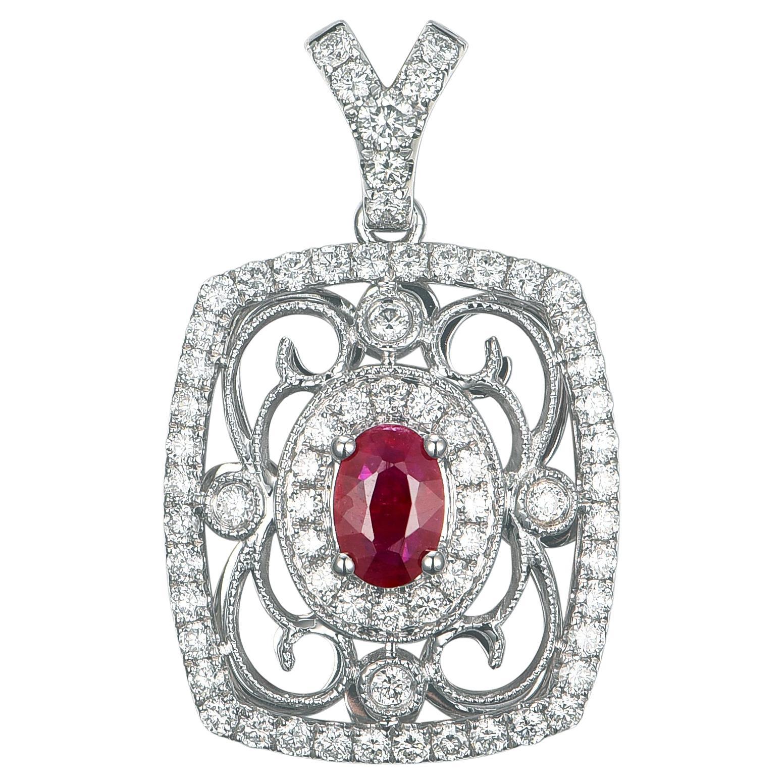 Ruby and Diamond Filligree Pendant For Sale