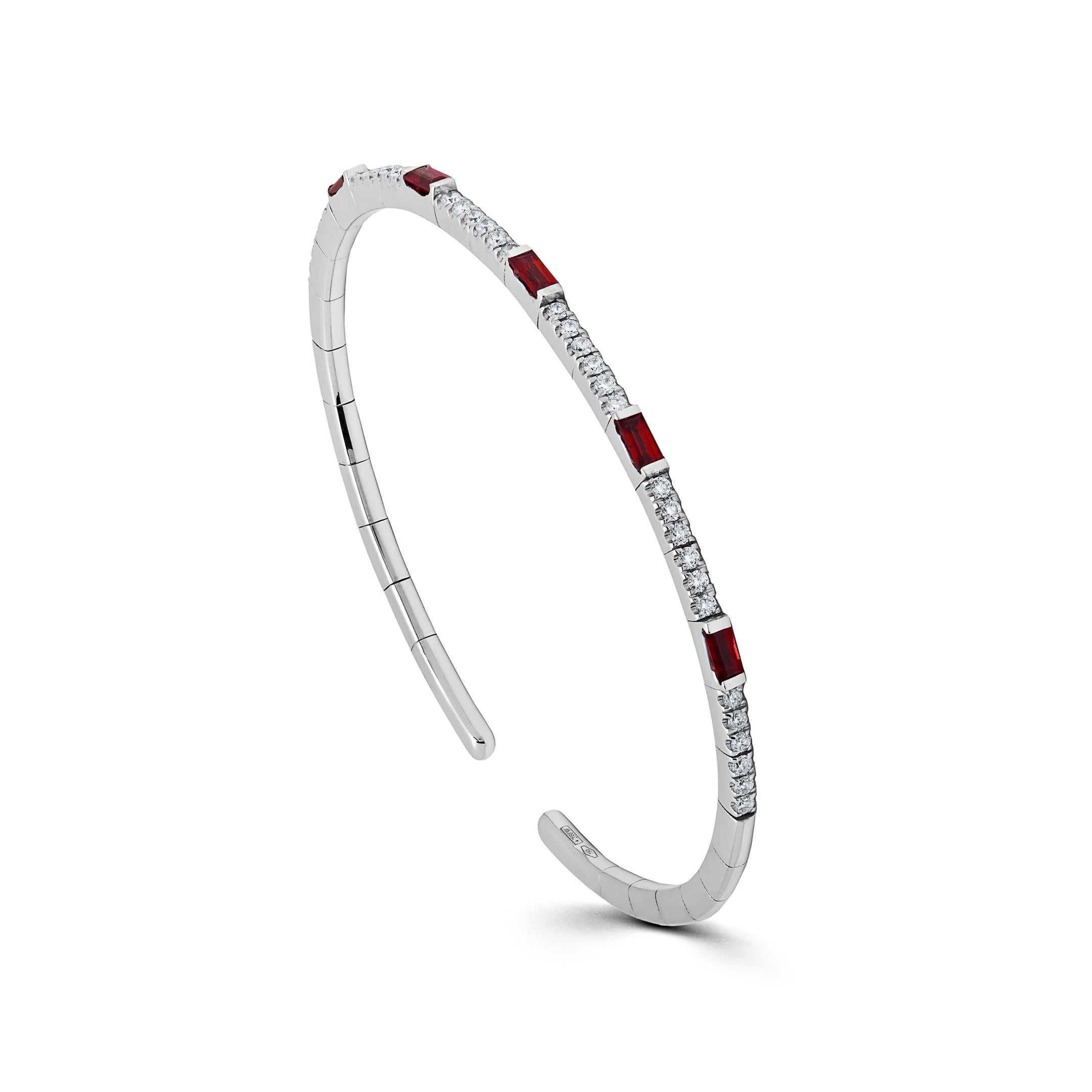 Baguette Cut Ruby and Diamond Flexible Cuff Bracelet For Sale
