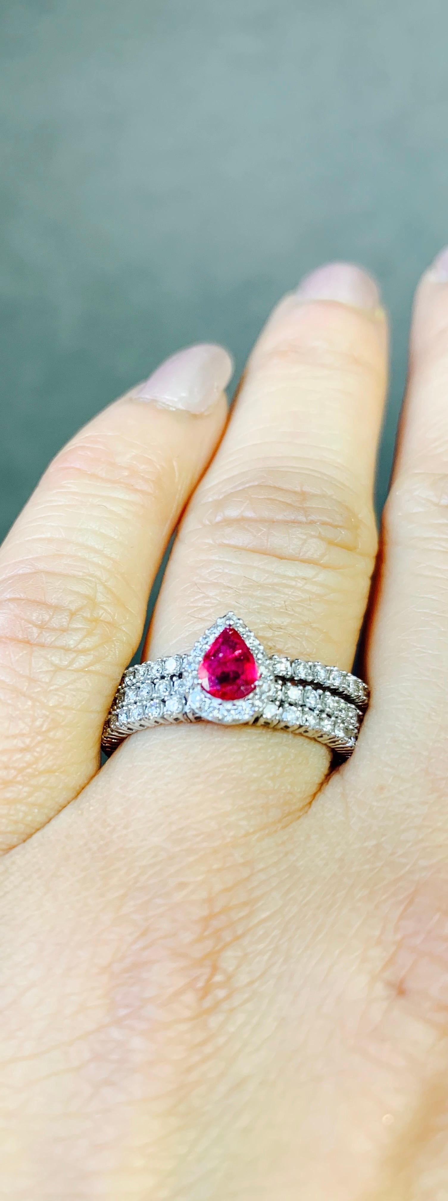 Pear Cut Ruby and Diamond Flexible Ring in 14 Karat White Gold For Sale