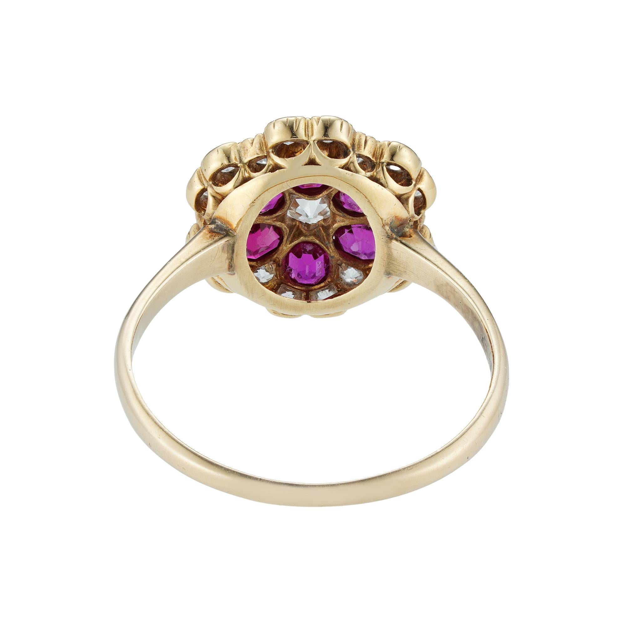 Modern Ruby and Diamond Floral Cluster Ring For Sale