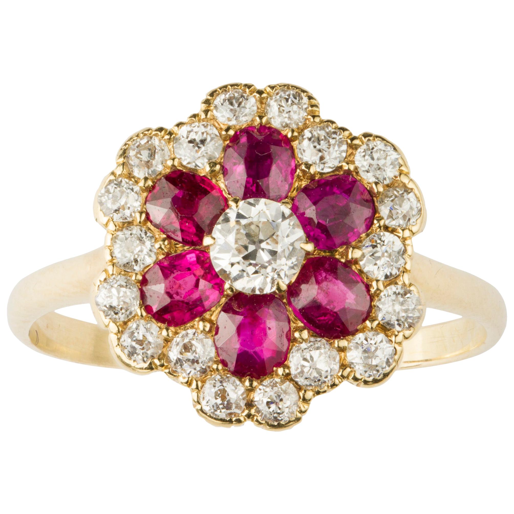 Ruby and Diamond Floral Cluster Ring For Sale
