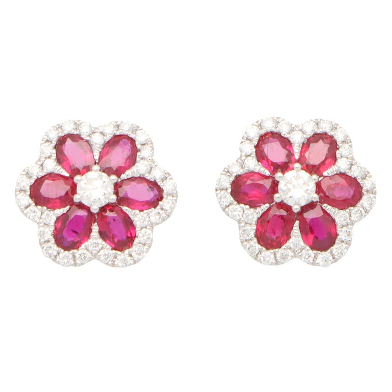 Ruby and Diamond Floral Cluster Stud Earrings Set in 18k White Gold at ...