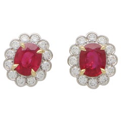 Ruby and Diamond Floral Cluster Stud Earrings Set in Gold and Platinum