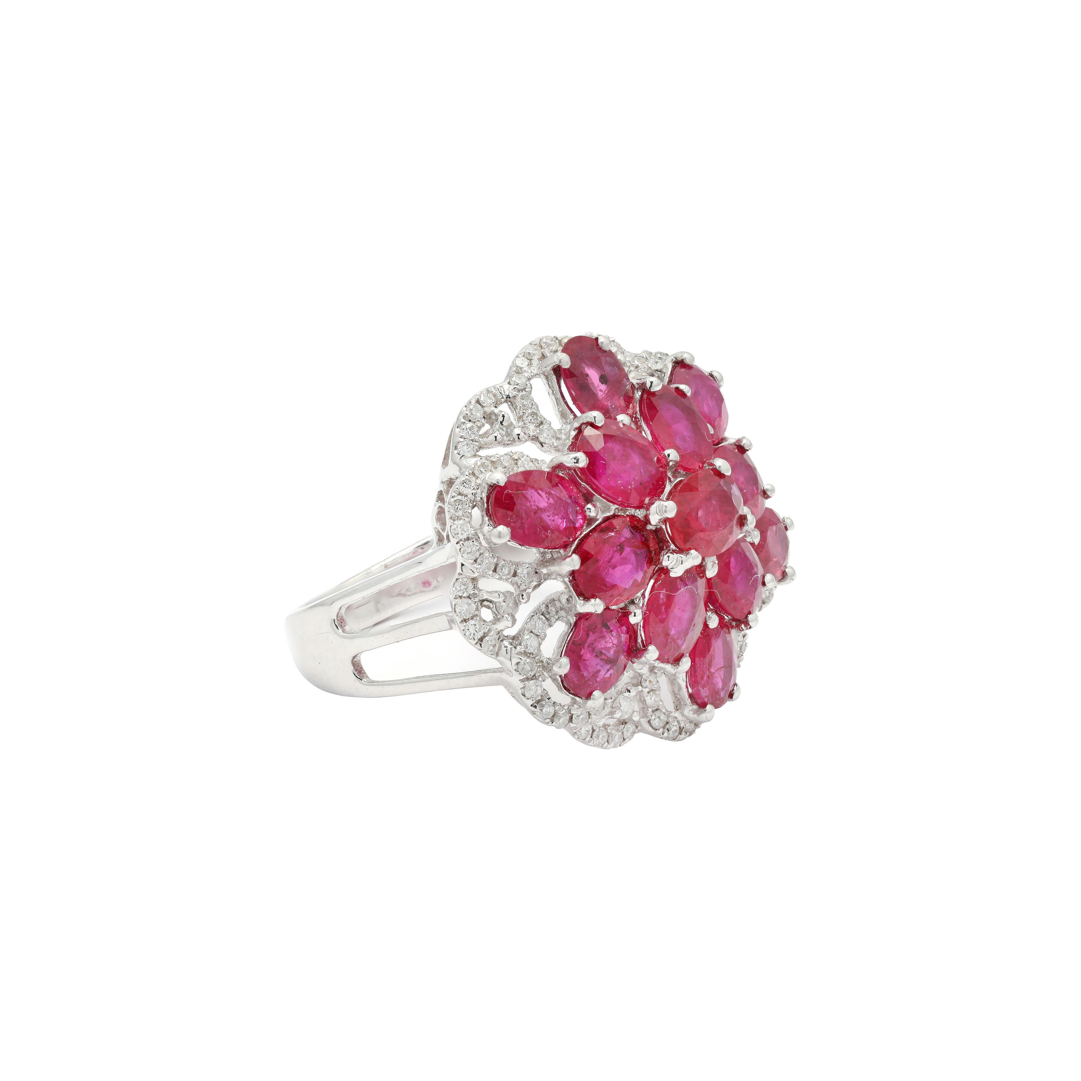 For Sale:  Ruby and Diamond Floral Cocktail Ring in 14K White Gold  3
