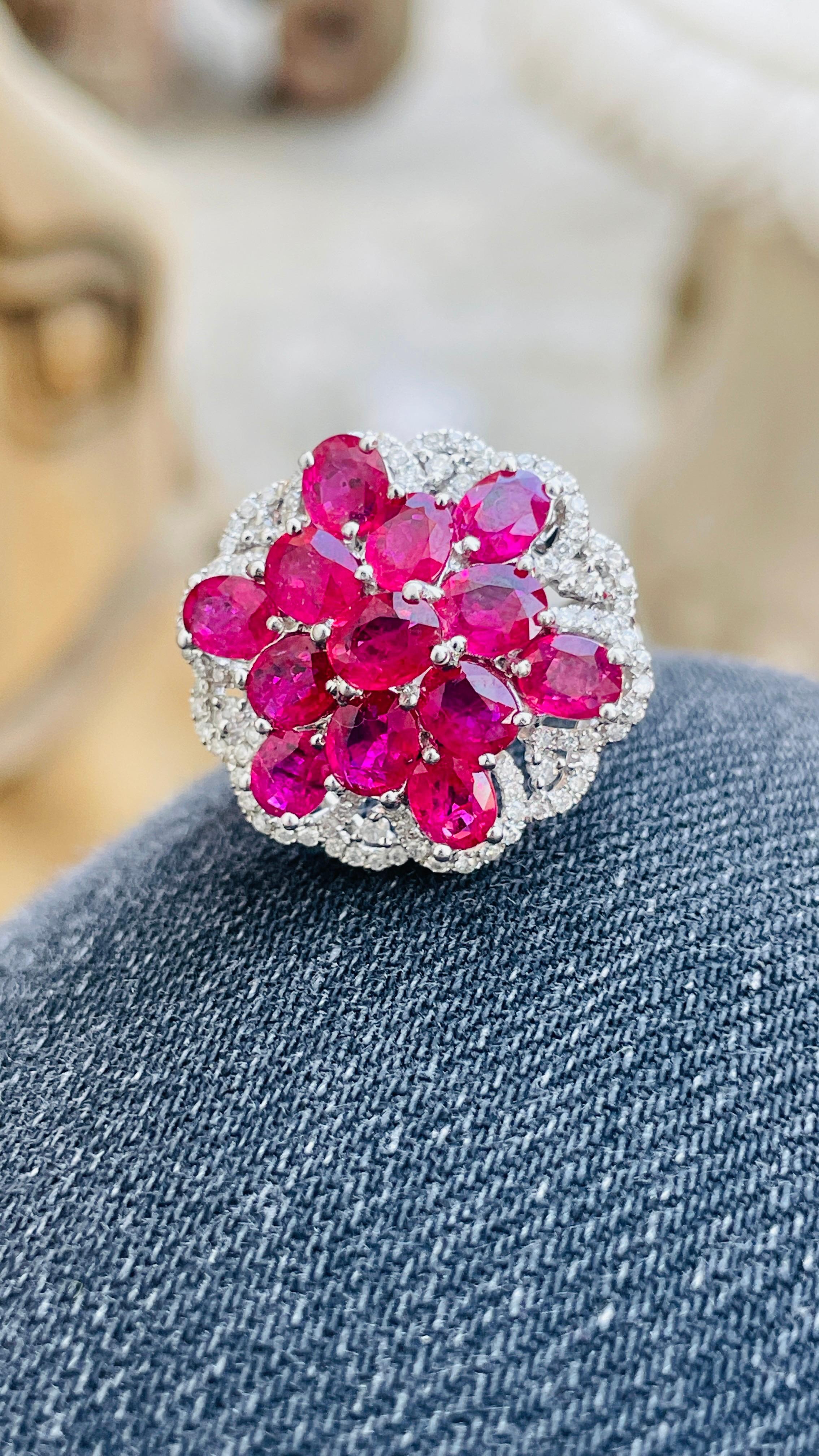 For Sale:  Ruby and Diamond Floral Cocktail Ring in 14K White Gold  2