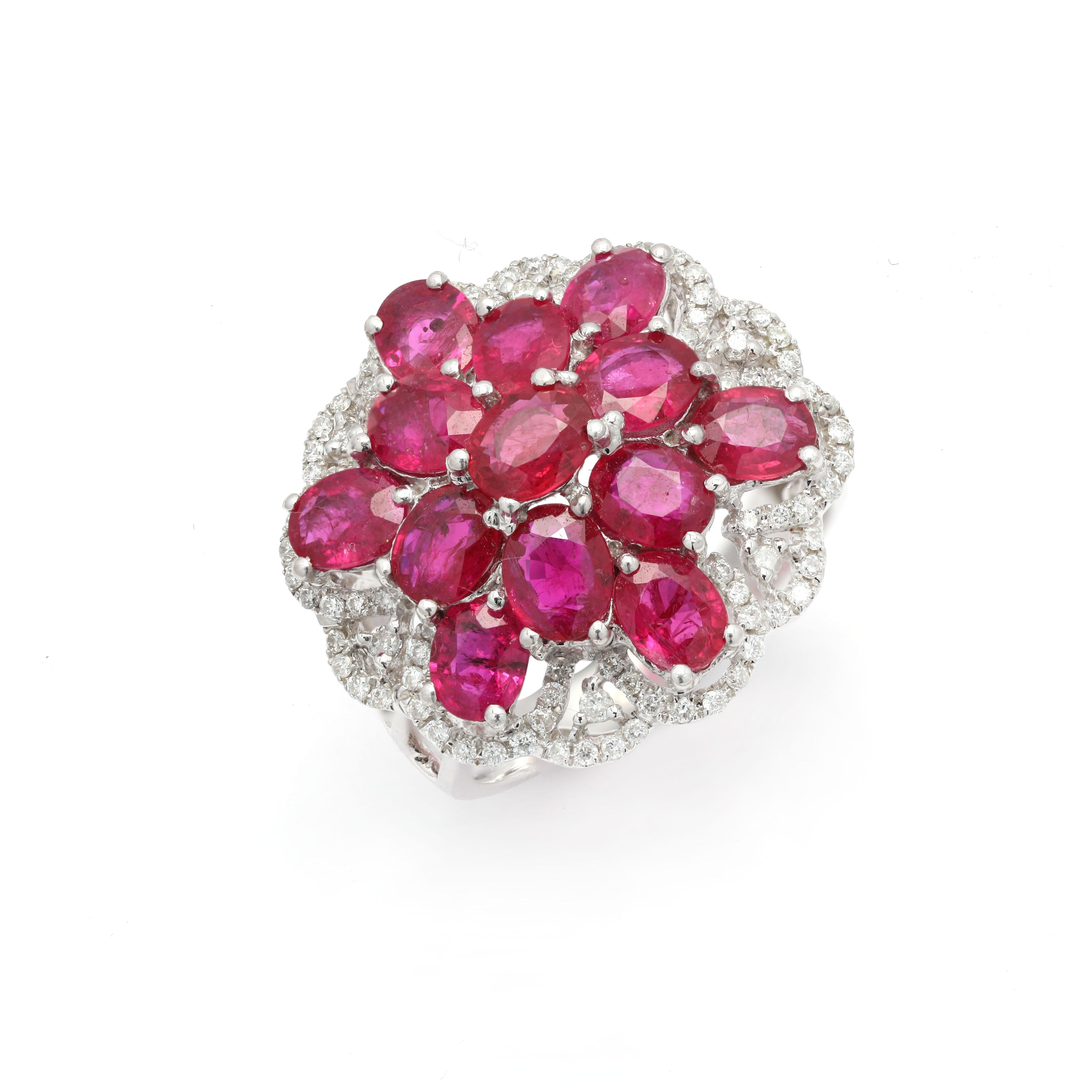 For Sale:  Ruby and Diamond Floral Cocktail Ring in 14K White Gold  4