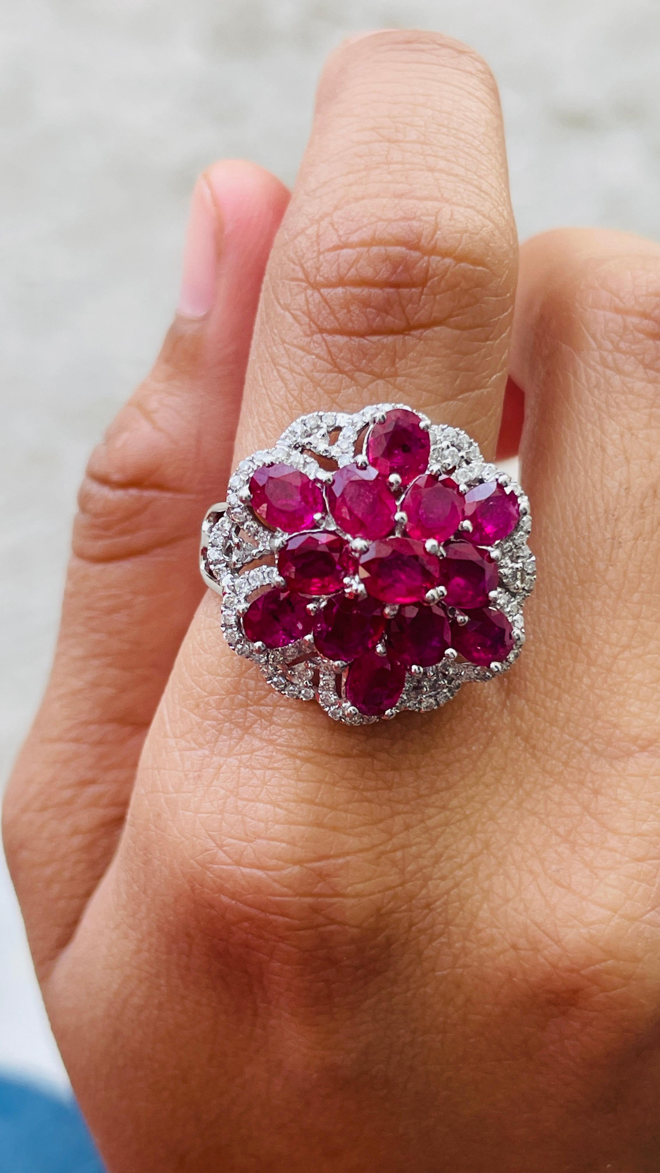 For Sale:  Ruby and Diamond Floral Cocktail Ring in 14K White Gold  5