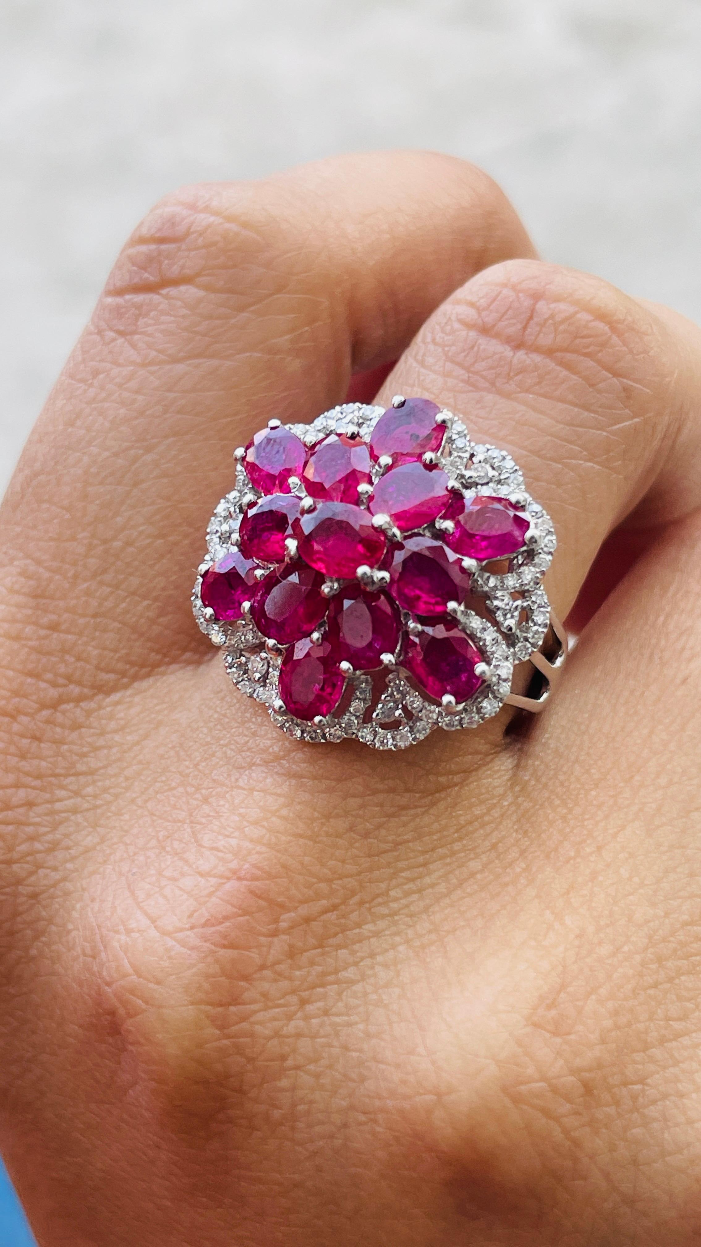 For Sale:  Ruby and Diamond Floral Cocktail Ring in 14K White Gold  6