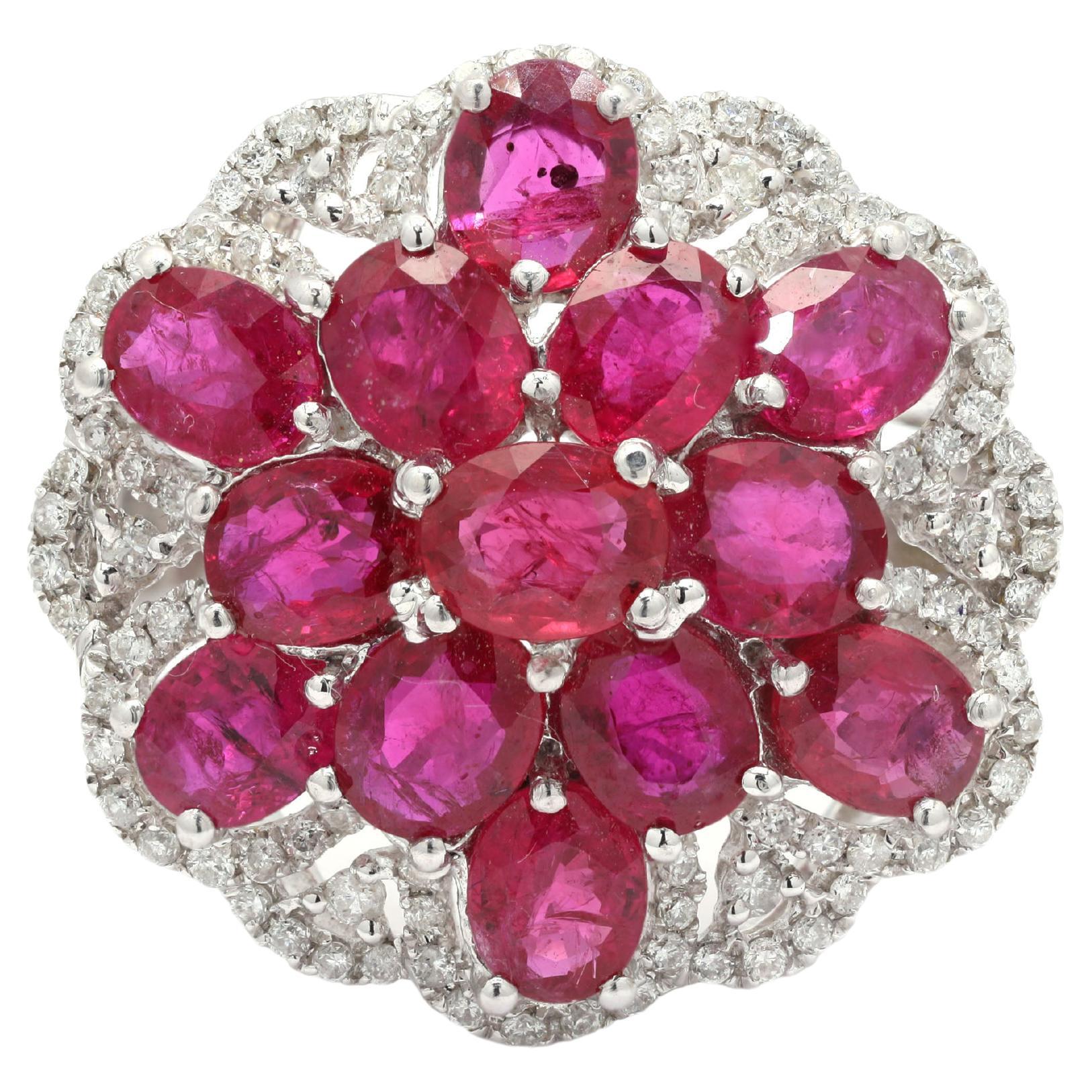Ruby and Diamond Floral Cocktail Ring in 14K White Gold