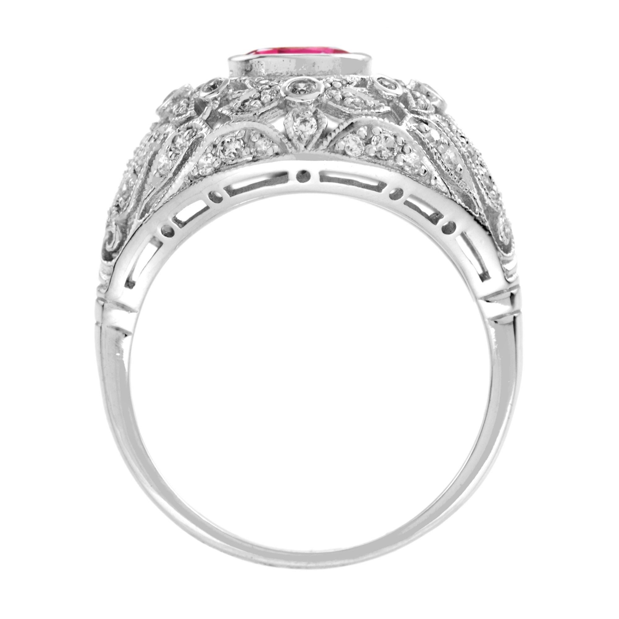 For Sale:  Ruby and Diamond Floral Dome Engagement Ring in 14K White Gold 5