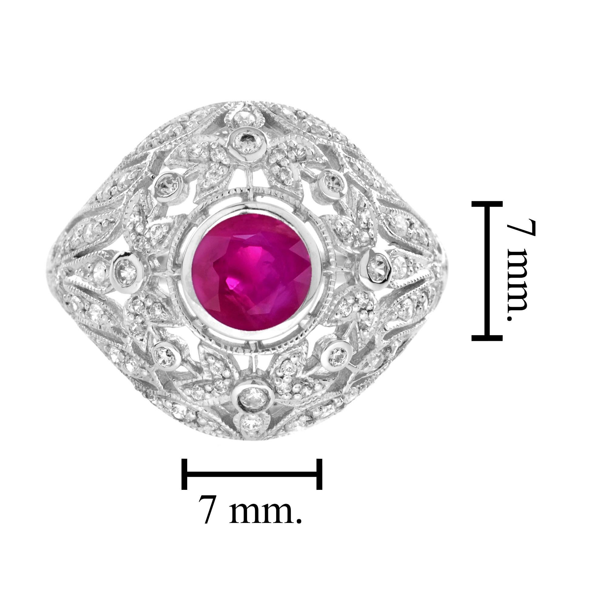 For Sale:  Ruby and Diamond Floral Dome Engagement Ring in 14K White Gold 6