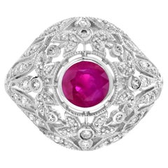 Ruby and Diamond Floral Dome Engagement Ring in 14K White Gold