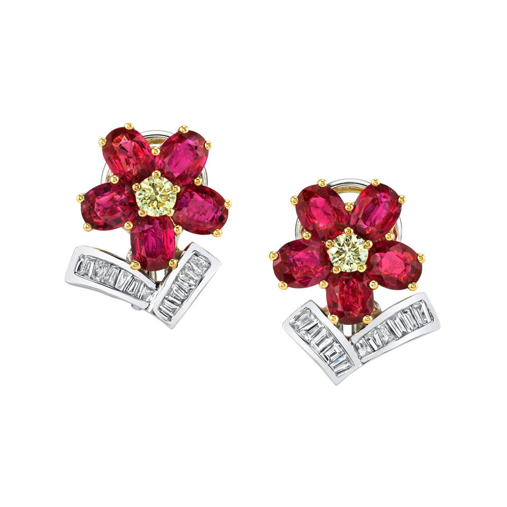 Ruby and Diamond Floral Earrings, 18 Karat White and Yellow Gold