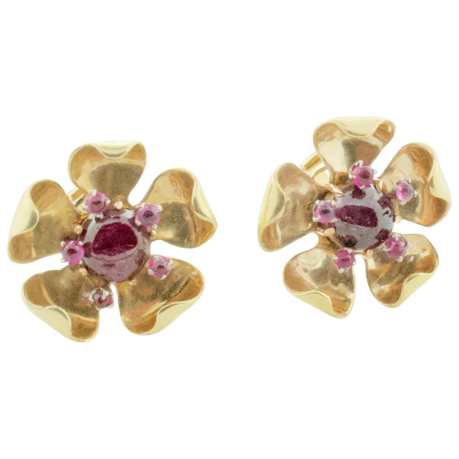 Ruby and Diamond Floral Earrings in Yellow Gold, circa 1940s