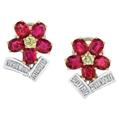 Ruby and Diamond Floral French Clip Earrings in White and Yellow Gold