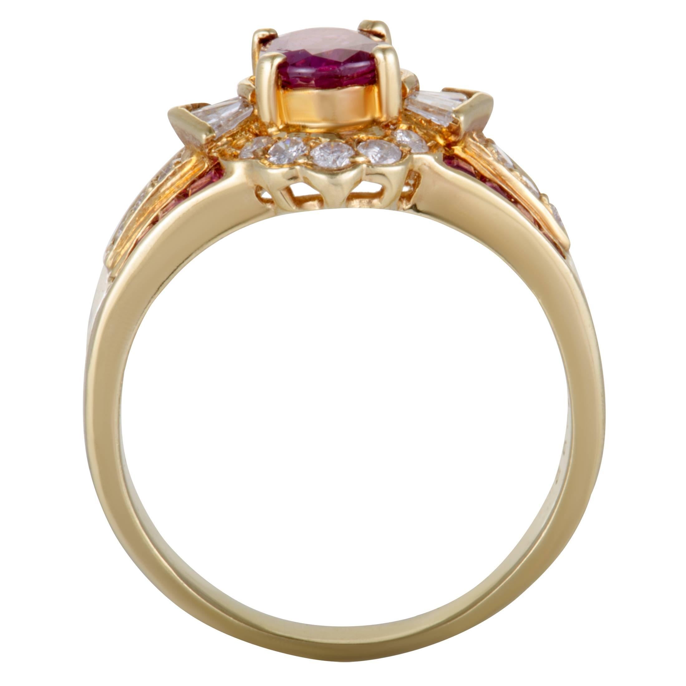 The alluring radiance of 18K yellow gold and the compelling tone of rubies give a delightfully feminine appeal to this extravagant ring that is also set with scintillating diamond stones. The rubies weigh 1.42 carats in total, while the diamonds