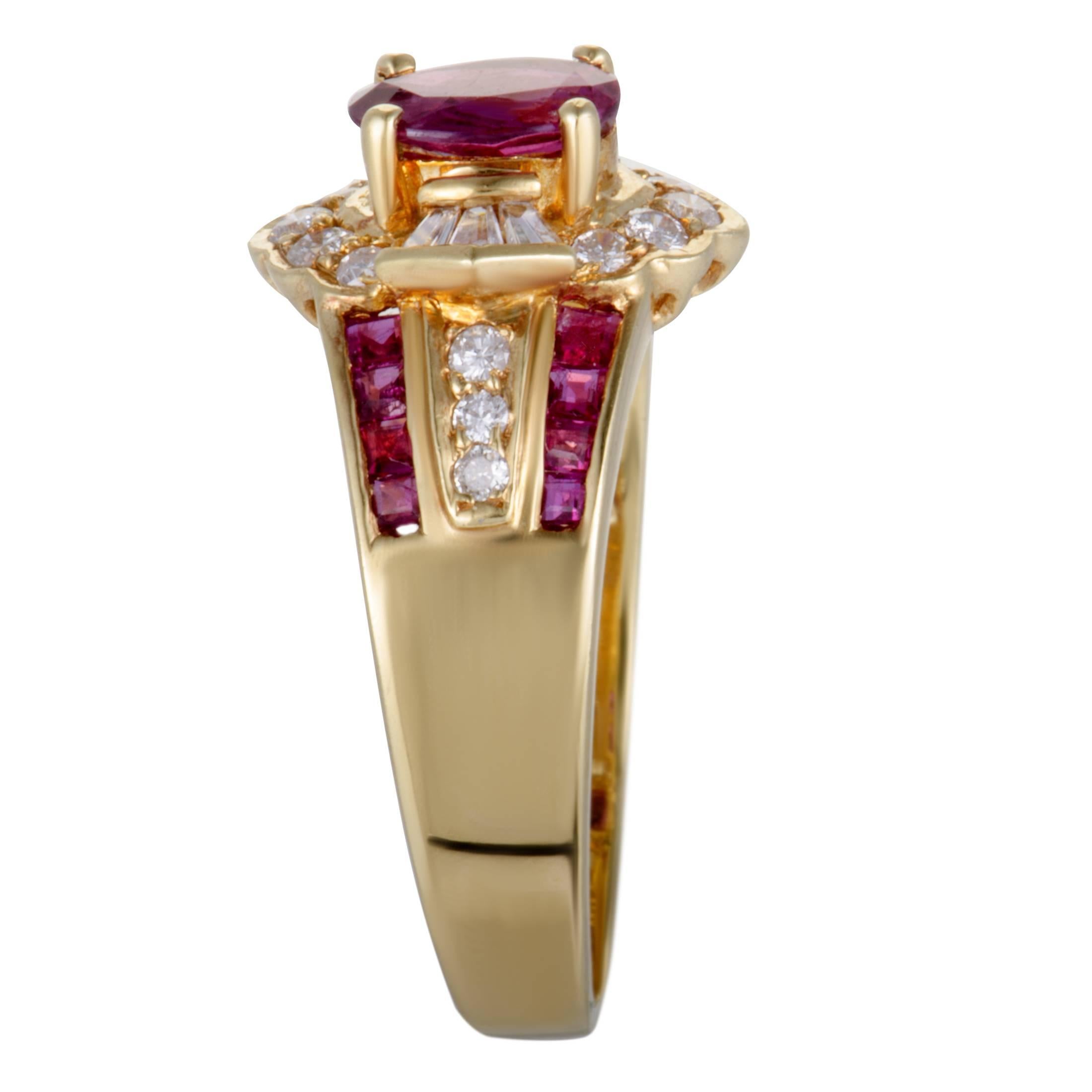 Oval Cut Ruby and Diamond Floral Gold Band Ring