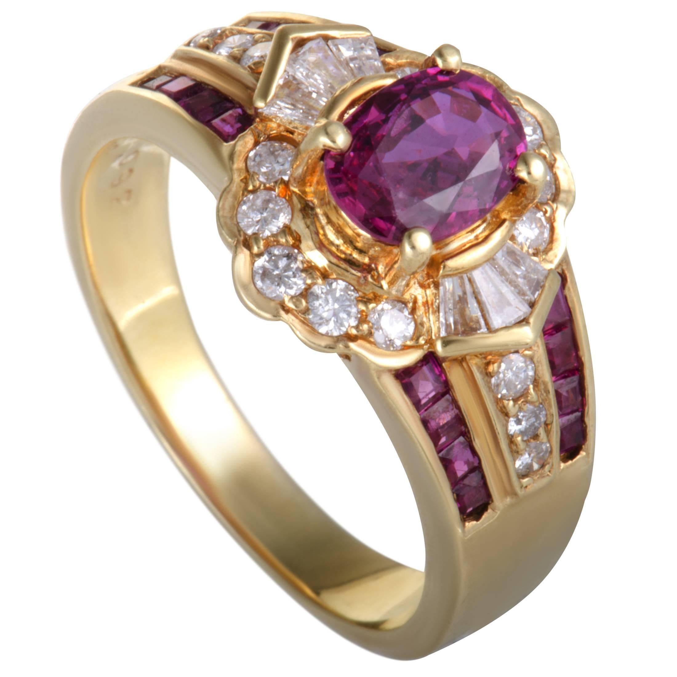 Ruby and Diamond Floral Gold Band Ring