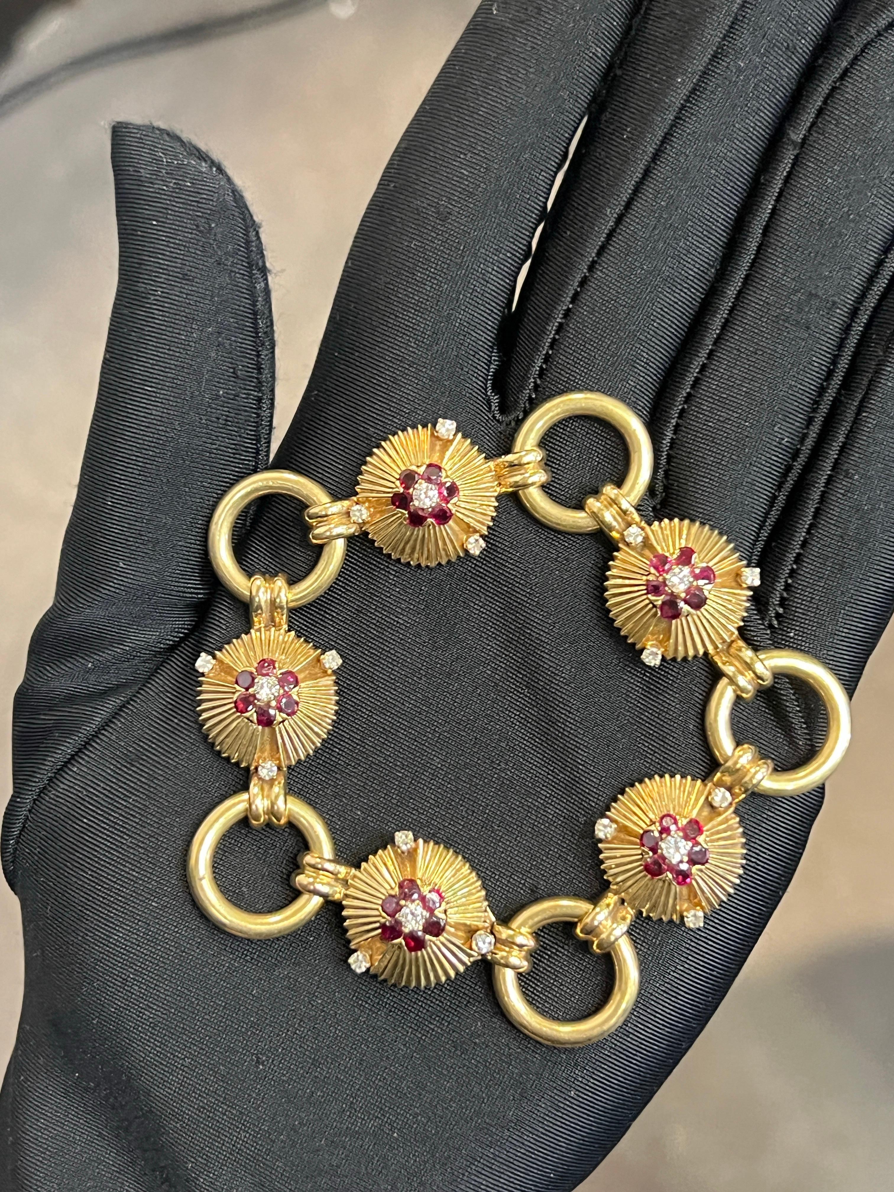 Round Cut Ruby and Diamond Floral Motif Bracelet For Sale