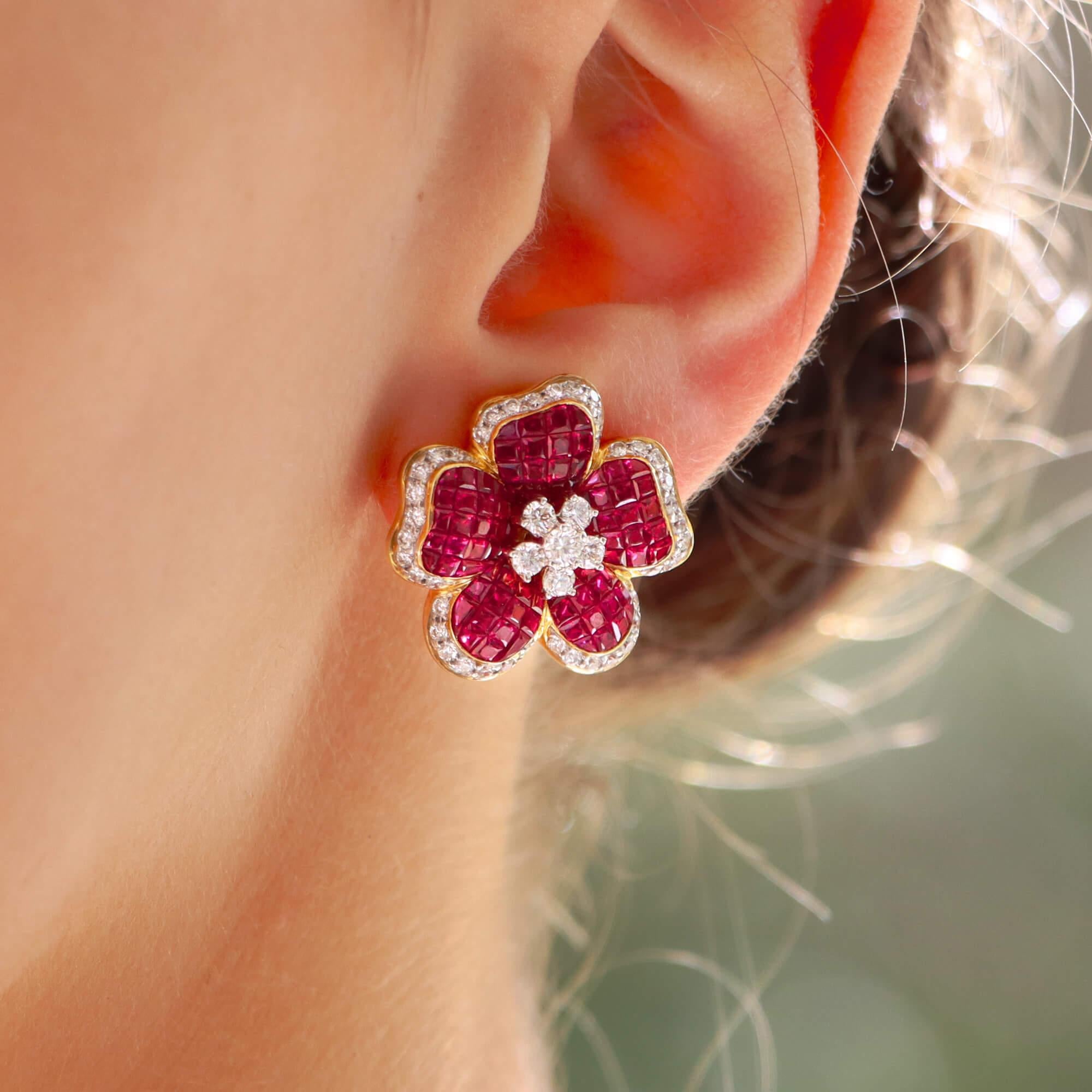 Modern Ruby and Diamond Floral Motif Cluster Earrings Set in 18k Yellow Gold For Sale