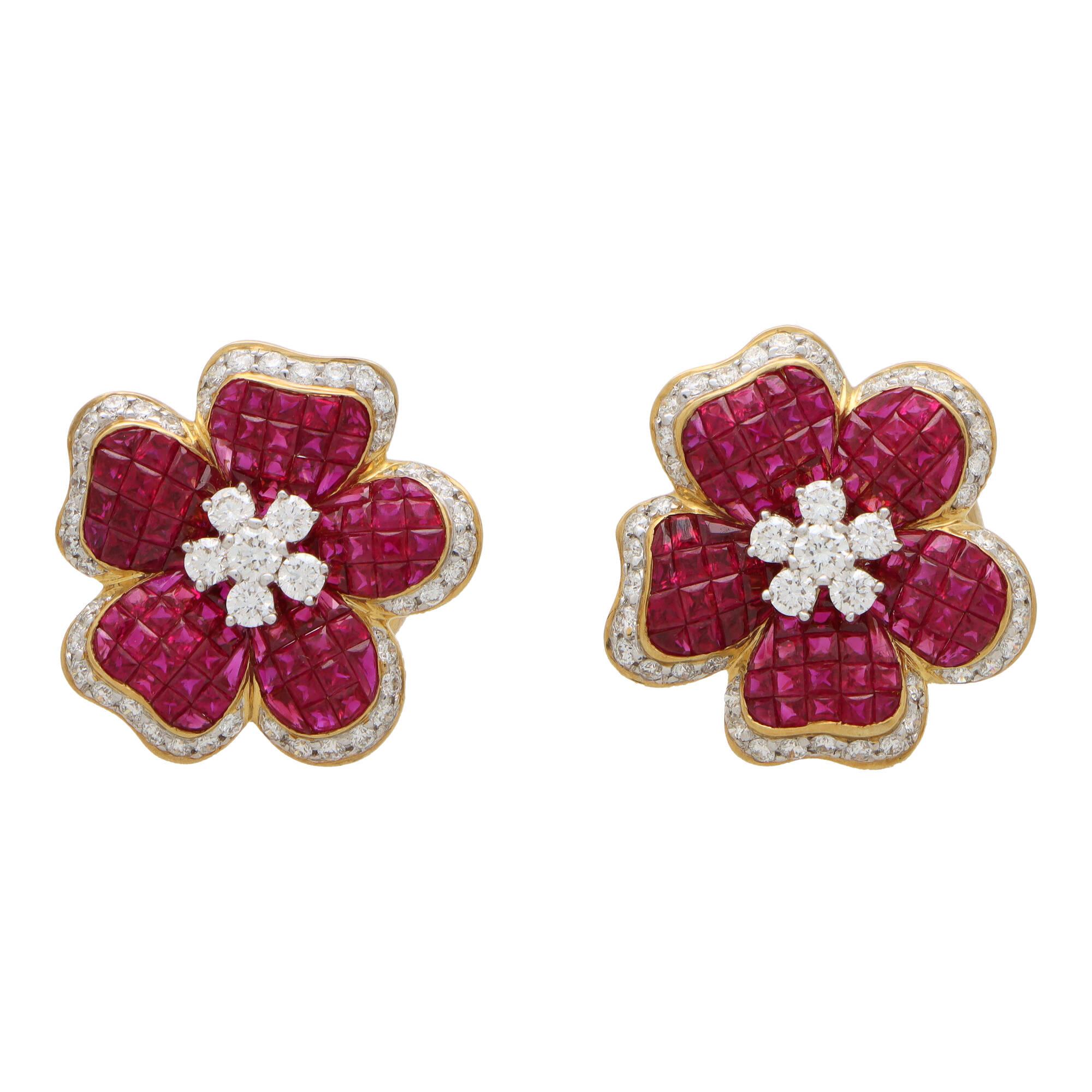 Round Cut Ruby and Diamond Floral Motif Cluster Earrings Set in 18k Yellow Gold For Sale